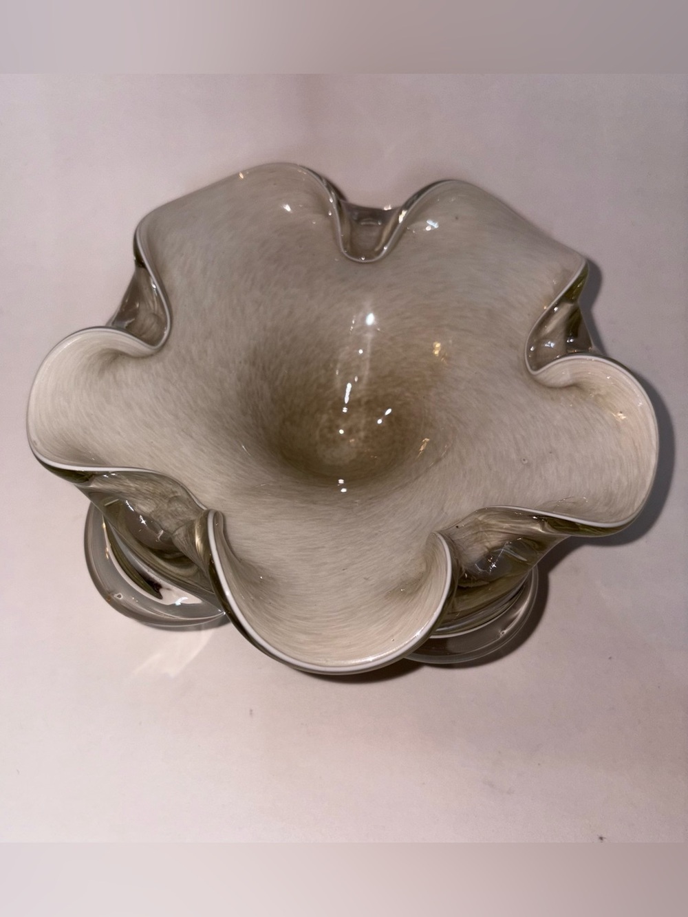 Art Glass Scalloped Bowl or Ashtray White Grey and Clear Glass 6.5”x3” HEAVY